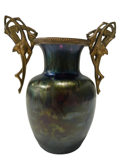 ART NOUVEAU Iridiscent Glass doble handled bronze FRENCH Vase