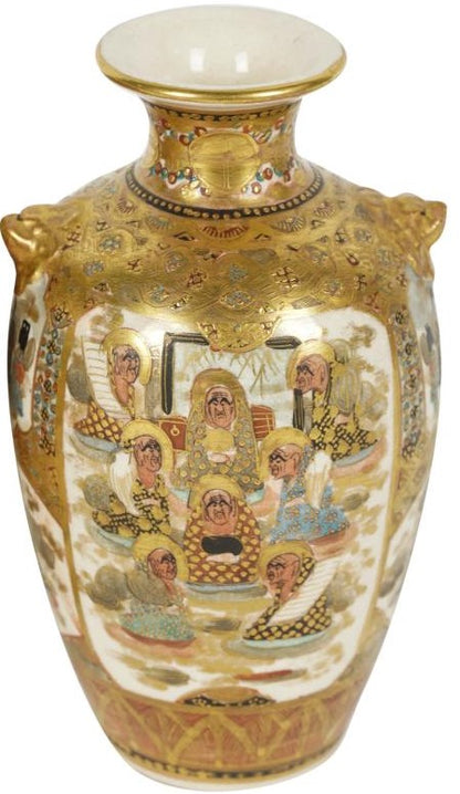 Delicate JAPANESE SATSUMA gilded vase, with geishas and characters. 20th Century. Marked