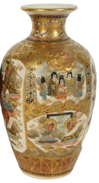 Delicate JAPANESE SATSUMA gilded vase, with geishas and characters. 20th Century. Marked