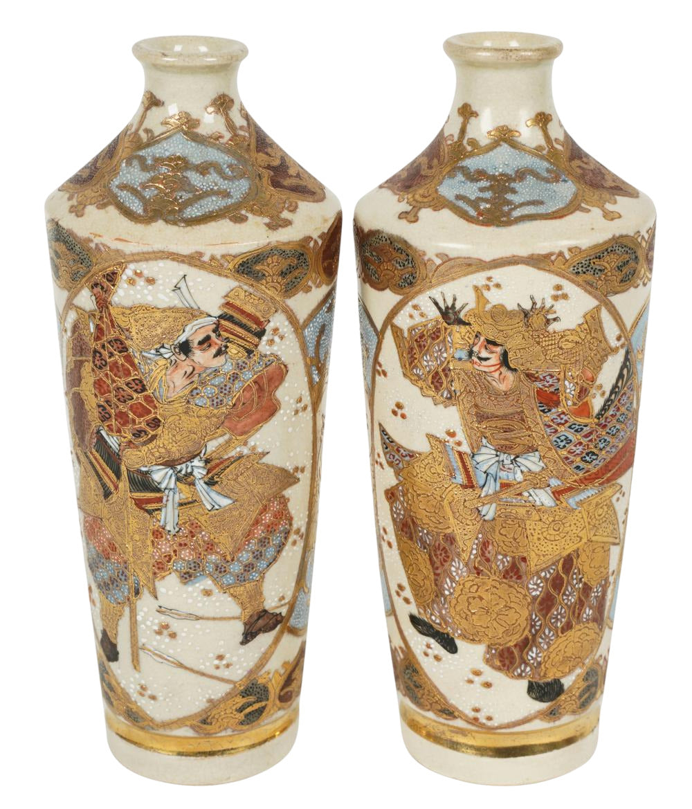 PAIR of Delicate Satsuma Vases depicting warriors. Marked