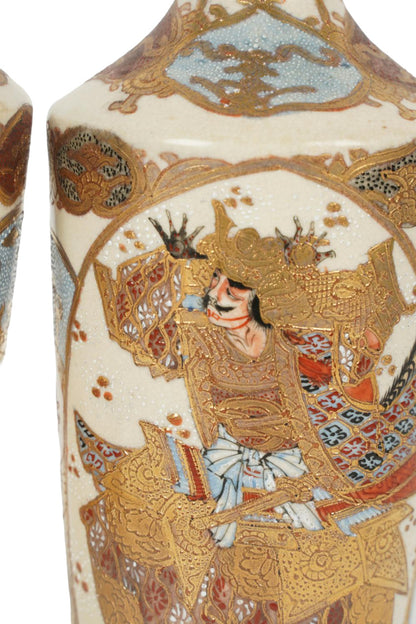 PAIR of Delicate Satsuma Vases depicting warriors. Marked