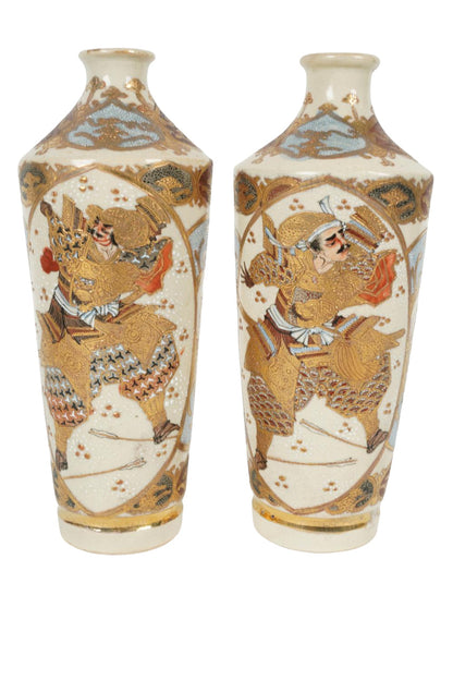 PAIR of Delicate Satsuma Vases depicting warriors. Marked