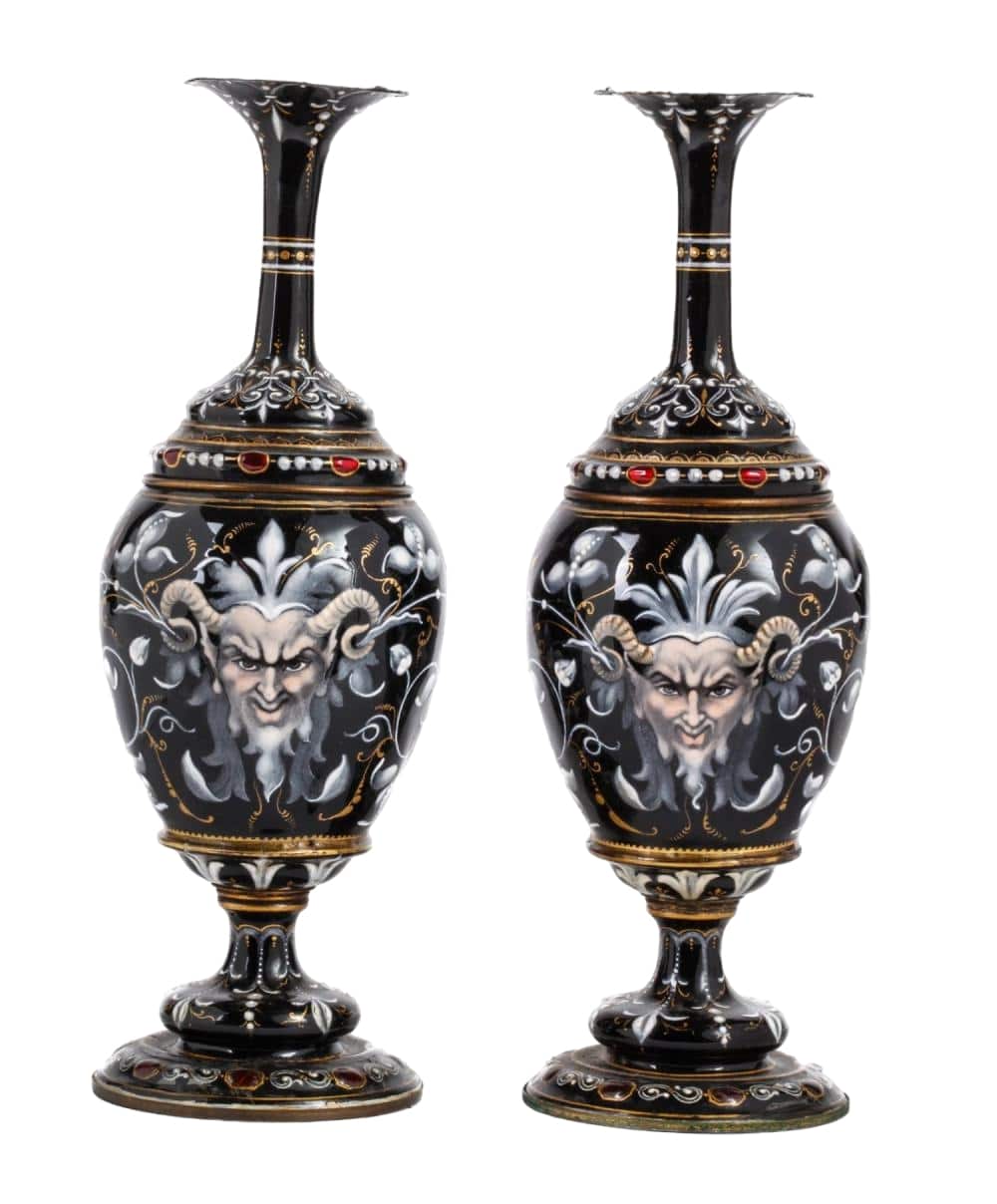 19th PAIR of French handpainted ENAMEL Vases.