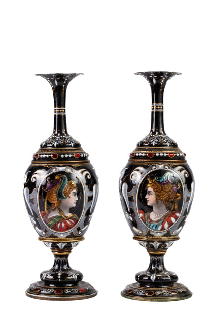 19th PAIR of French handpainted ENAMEL Vases.