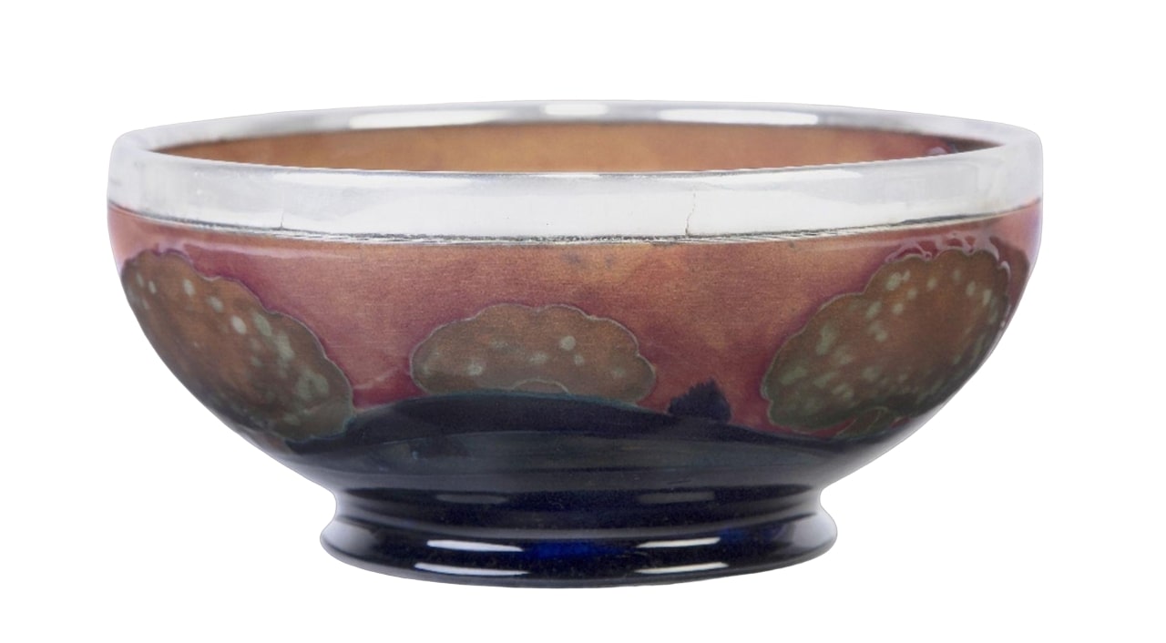 MOORCROFT (William Hutton & Sons) Eventide pattern footed LARGE BOWL silver overlay circa 1925