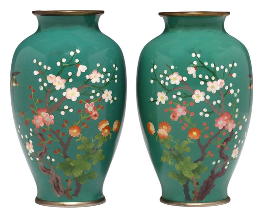 Pair of Japanese ANTIQUE CLOISONNE Vase with Nightingale and Cherry and Plum Blossom motif vase