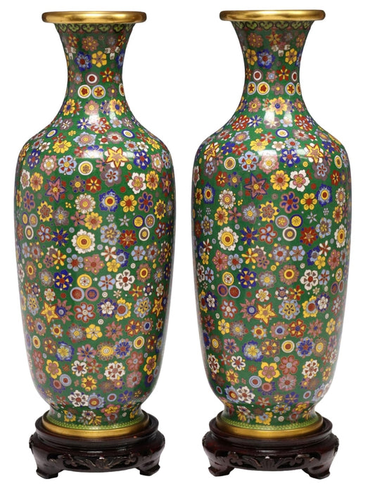 Pair of CHINESE Gilt Cloisonne Enamel Thousand Flowers MILLEFIORI Vases Brass