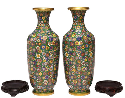 Pair of CHINESE Gilt Cloisonne Enamel Thousand Flowers MILLEFIORI Vases Brass