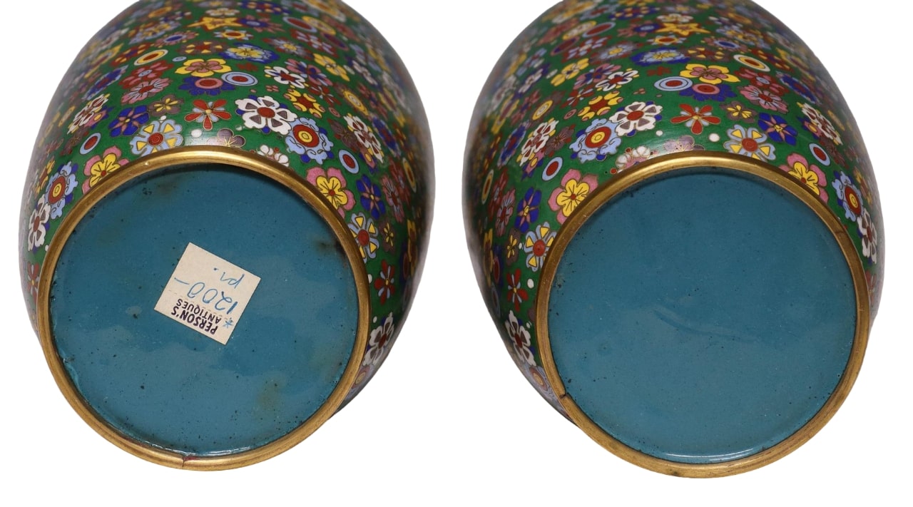 Pair of CHINESE Gilt Cloisonne Enamel Thousand Flowers MILLEFIORI Vases Brass