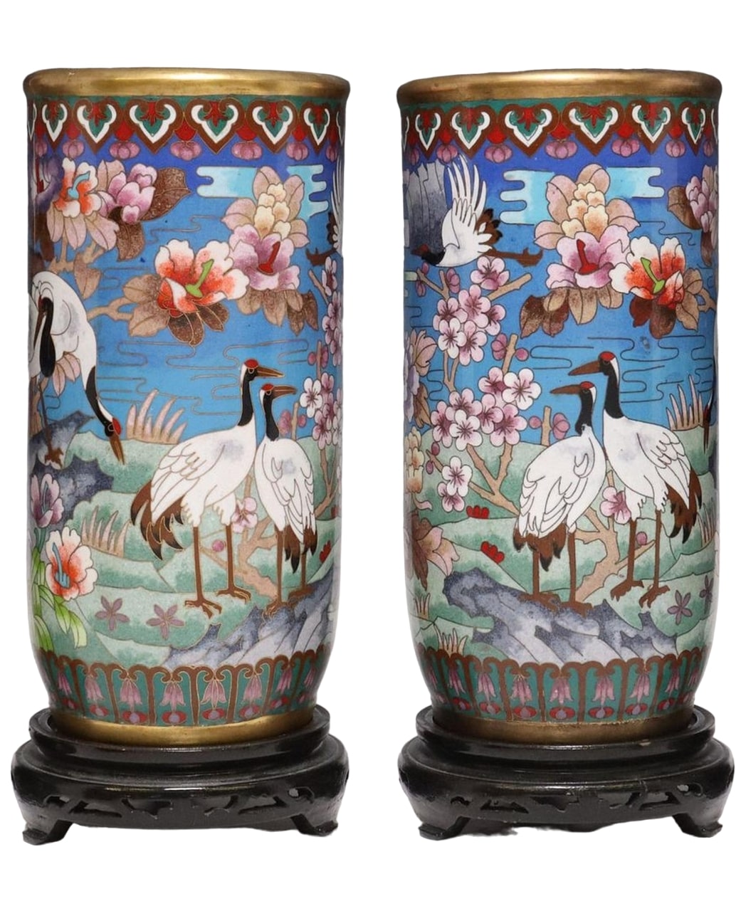 Pair of Chinese Cloisonne Vases With floral and crane motifs