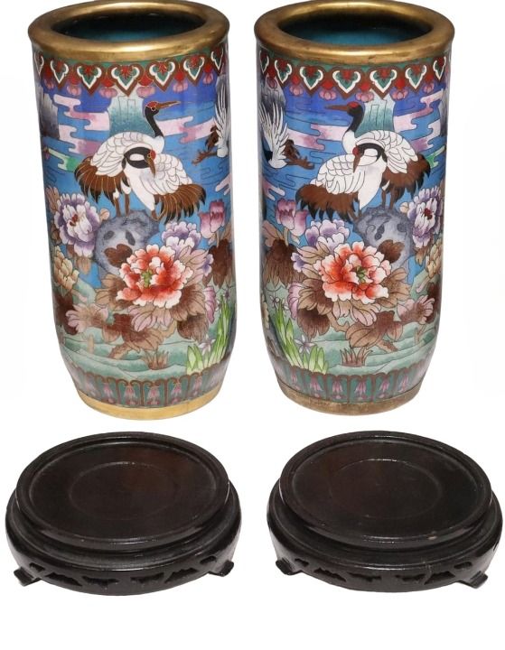 Pair of Chinese Cloisonne Vases With floral and crane motifs