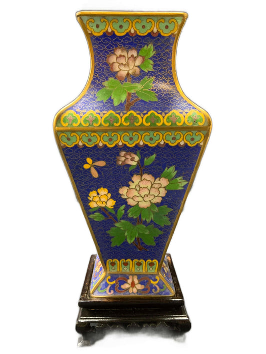 VINTAGE Asian Cloisonne Vase with wooden base