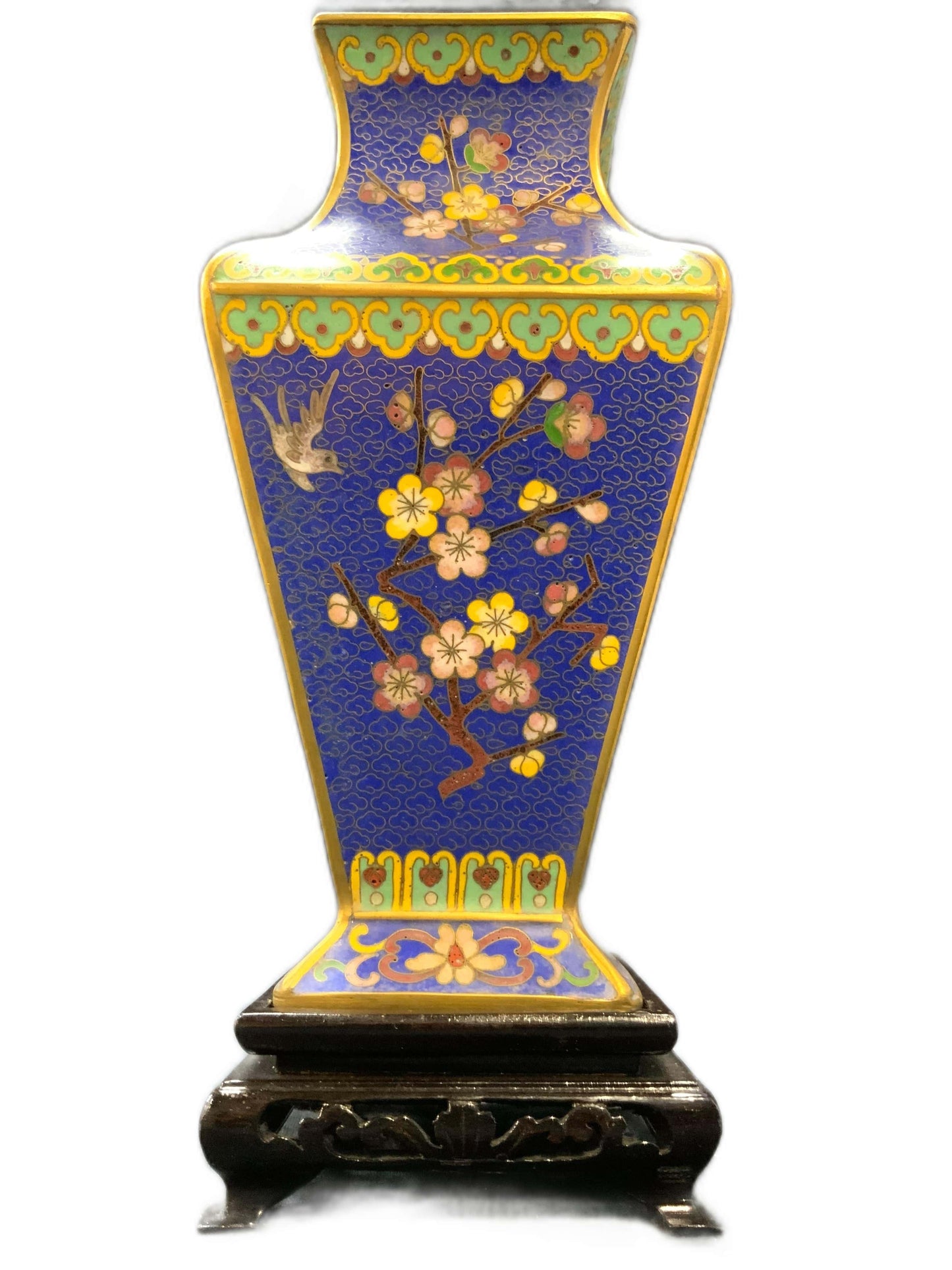 VINTAGE Asian Cloisonne Vase with wooden base