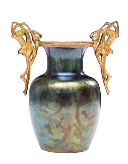 ART NOUVEAU Iridiscent Glass doble handled bronze FRENCH Vase