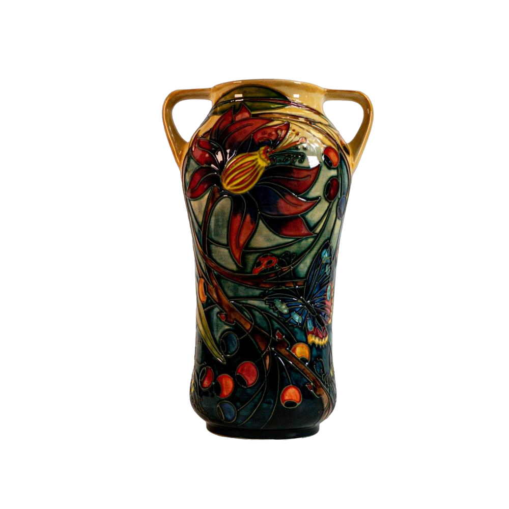 MOORCROFT Art Pottery HARTGRING pattern twin-handled vase. Emma BOSSONS design. 2002