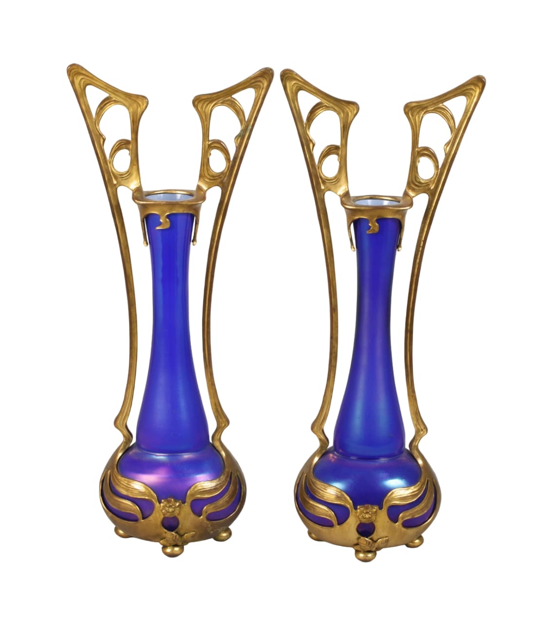 Pair of ART NOUVEAU mounted glass vases in the style of Orivit