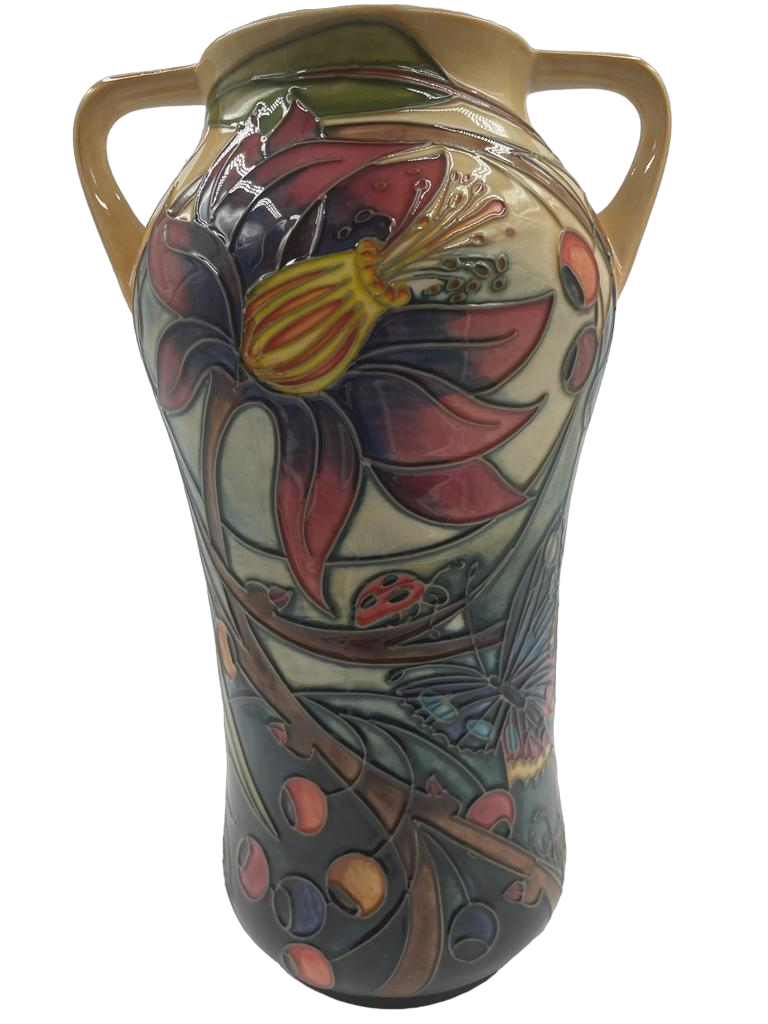 MOORCROFT Art Pottery HARTGRING pattern twin-handled vase. Emma BOSSONS design. 2002