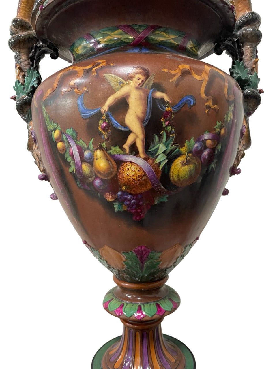 Royal WORCESTER MAJOLICA Large Pedestal Footed URN painted by Josiah Rushton, 1864