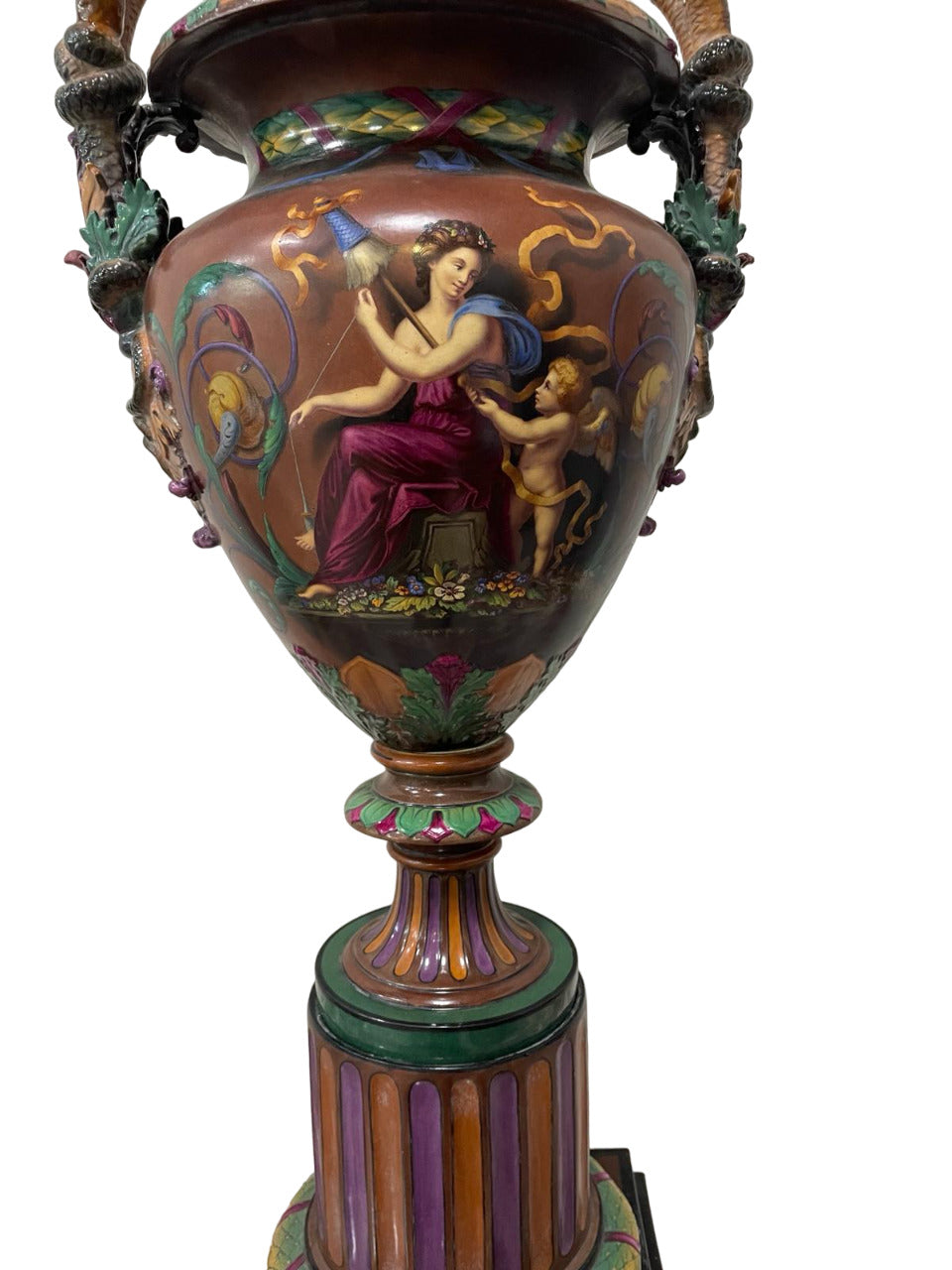 Royal WORCESTER MAJOLICA Large Pedestal Footed URN painted by Josiah Rushton, 1864