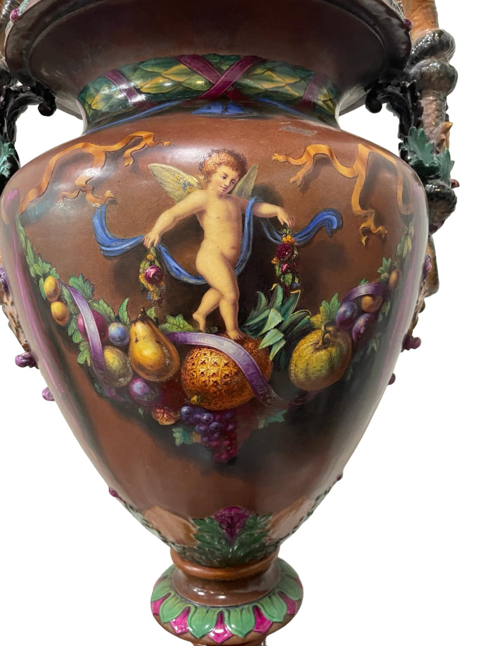 Royal WORCESTER MAJOLICA Large Pedestal Footed URN painted by Josiah Rushton, 1864