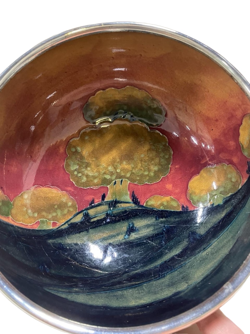 MOORCROFT (William Hutton & Sons) Eventide pattern footed LARGE BOWL silver overlay circa 1925