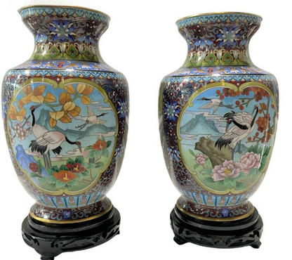 Pair of CHINESE cloisonné-enamel Crane vases, modern