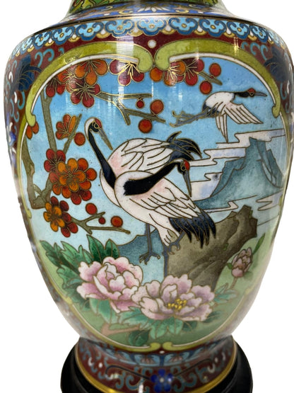 Pair of CHINESE cloisonné-enamel Crane vases, modern