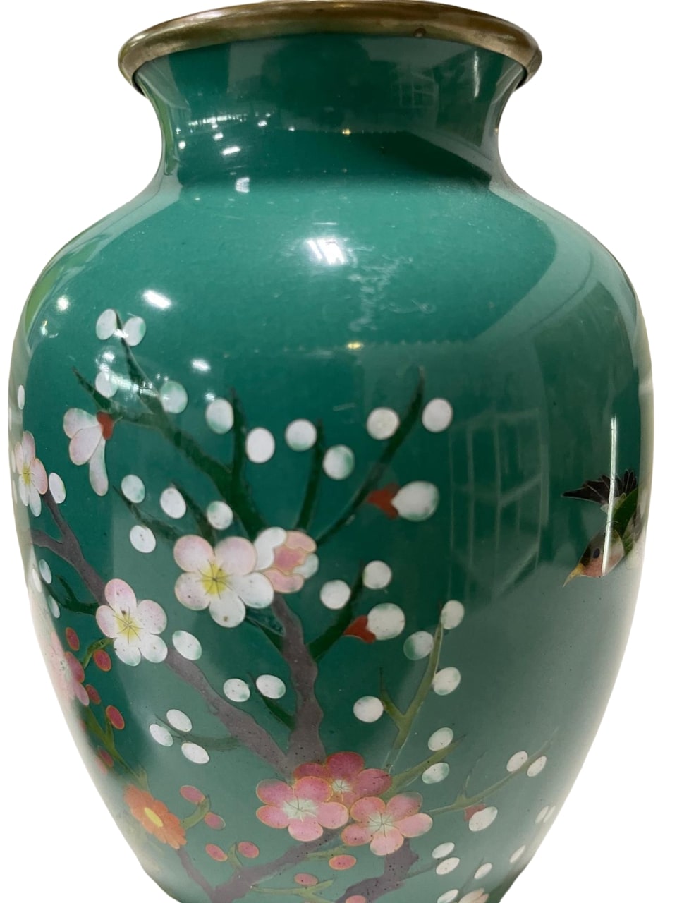 Pair of Japanese ANTIQUE CLOISONNE Vase with Nightingale and Cherry and Plum Blossom motif vase