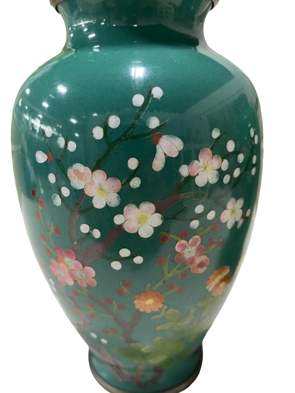 Pair of Japanese ANTIQUE CLOISONNE Vase with Nightingale and Cherry and Plum Blossom motif vase