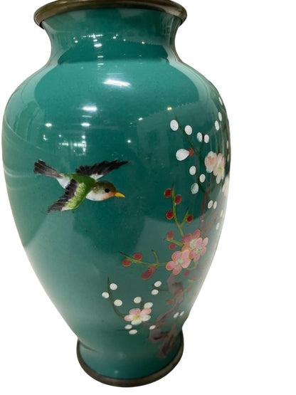 Pair of Japanese ANTIQUE CLOISONNE Vase with Nightingale and Cherry and Plum Blossom motif vase