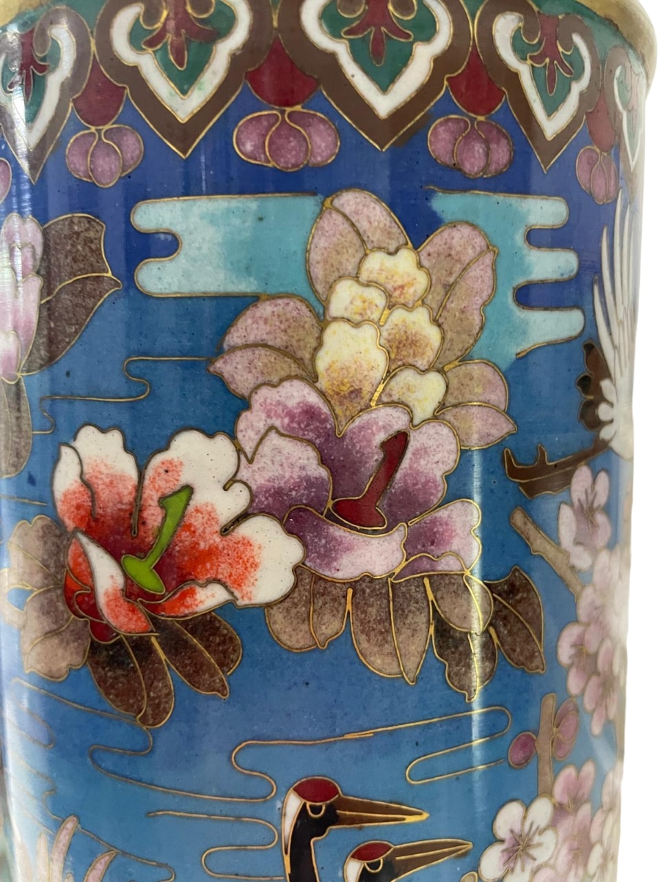 Pair of Chinese Cloisonne Vases With floral and crane motifs