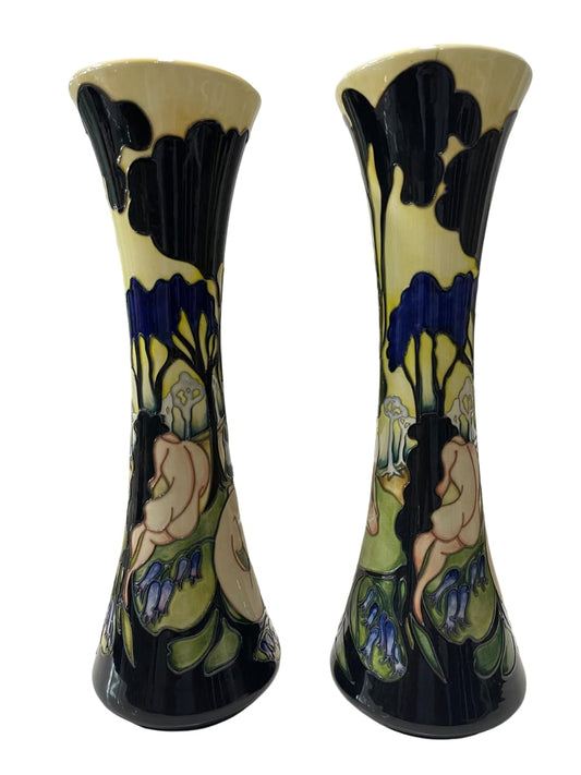 Pair of LARGE MOORCROFT Art Pottery Moon Shadows pattern by Kerry Goodwin large trial and numbered trumpet vase.