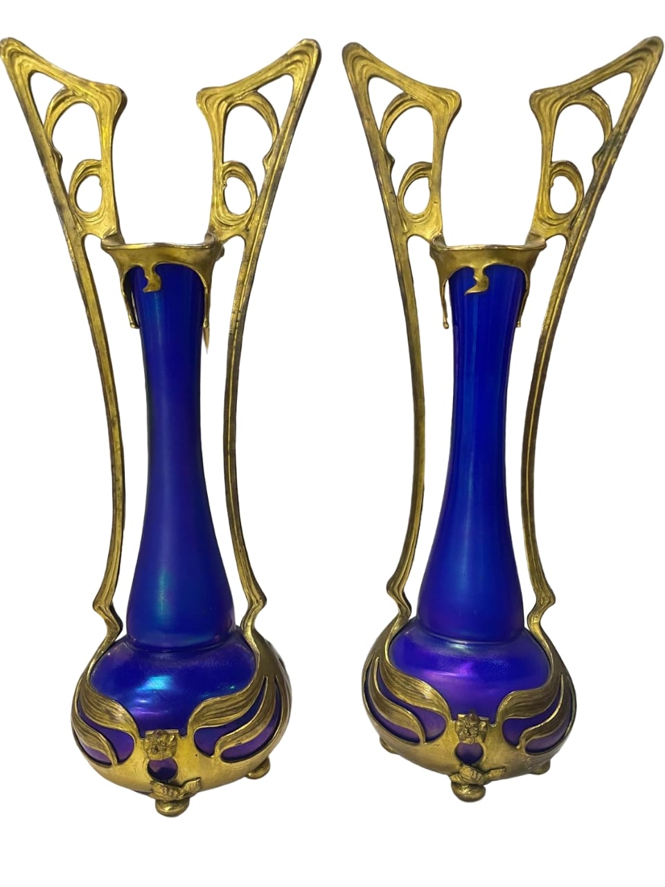 Pair of ART NOUVEAU mounted glass vases in the style of Orivit