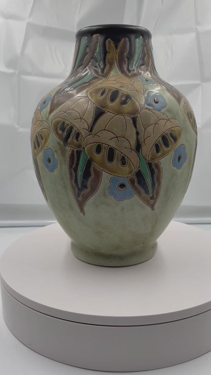 Charles Catteau for BOCH FRERES Art Deco Grès Keramis vase with stylized bellflowers, Belgium, early 20th