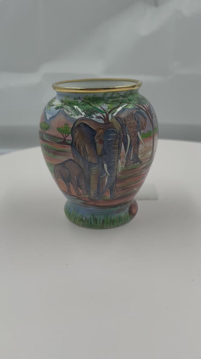 RARE MOORCROFT ENAMEL miniature Vase Elephants at The Water Hole. Unique  Boxed