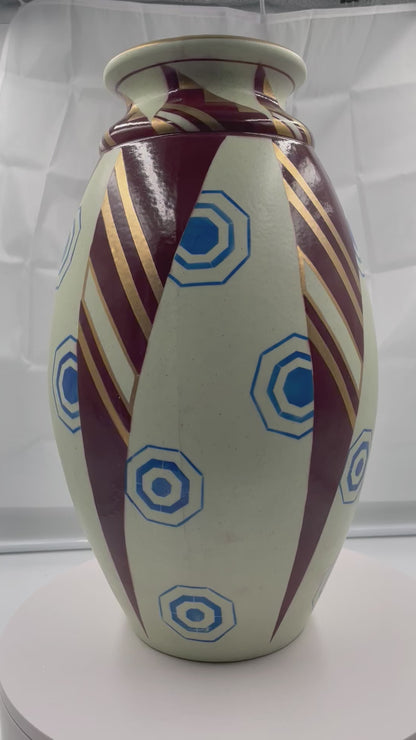 Large Saint Ghislain  Art  Deco faience  geometric Vase.