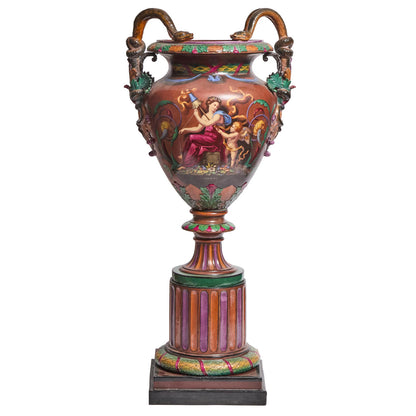 Royal WORCESTER MAJOLICA Large Pedestal Footed URN painted by Josiah Rushton, 1864