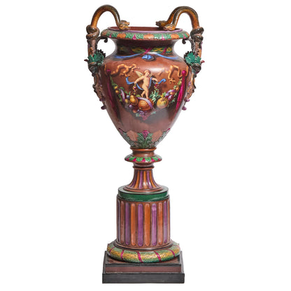 Royal WORCESTER MAJOLICA Large Pedestal Footed URN painted by Josiah Rushton, 1864