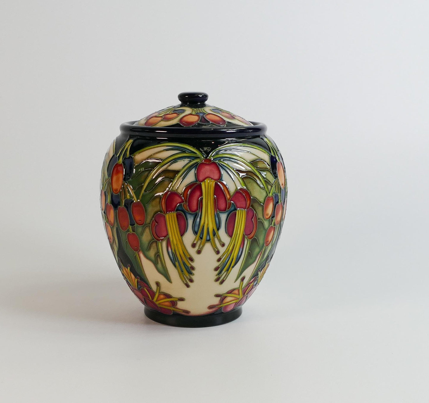 MOORCROFT Art Pottery PURIRI Tree pattern by Philip Gibson designer-lidded pot. Dated 2004. BOXED.