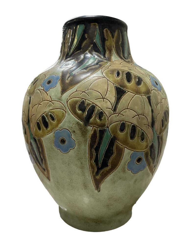 Charles Catteau for BOCH FRERES Art Deco Grès Keramis vase with stylized bellflowers, Belgium, early 20th