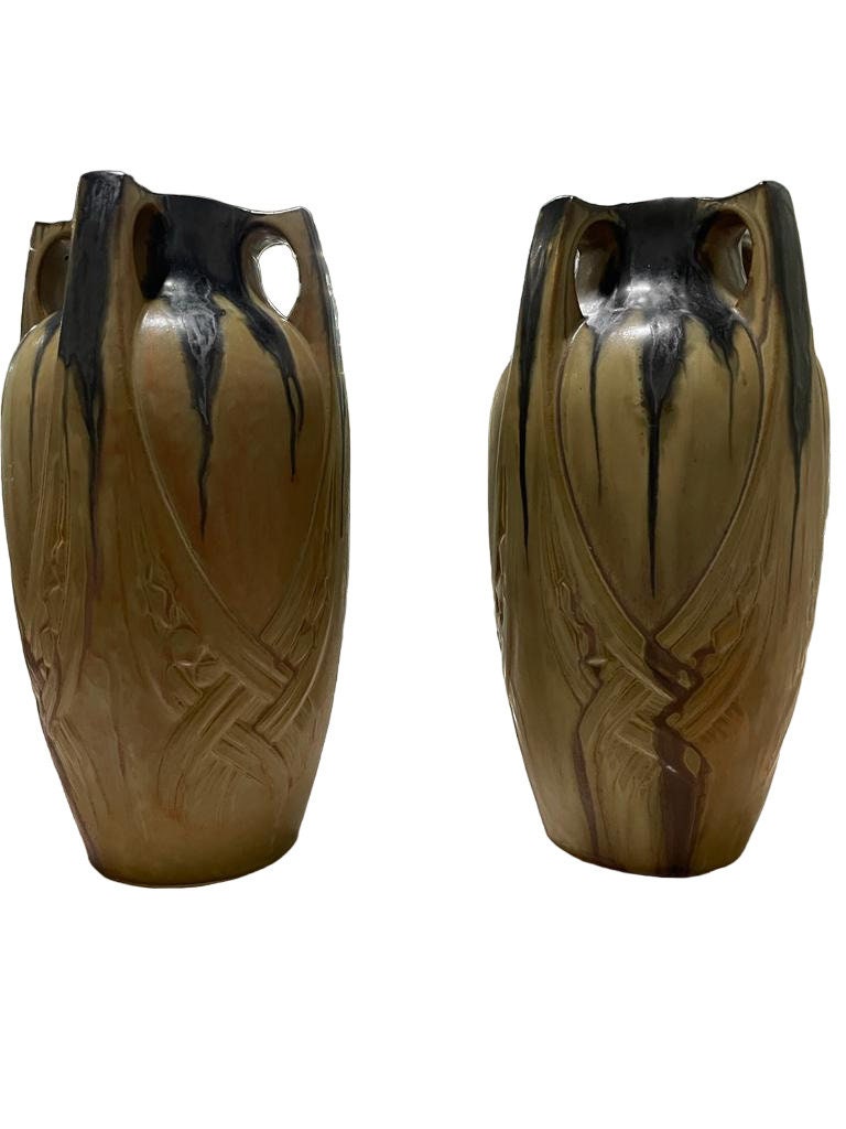 Pair of Large Denbac French Art Nouveau Grès Flame Pottery Vase