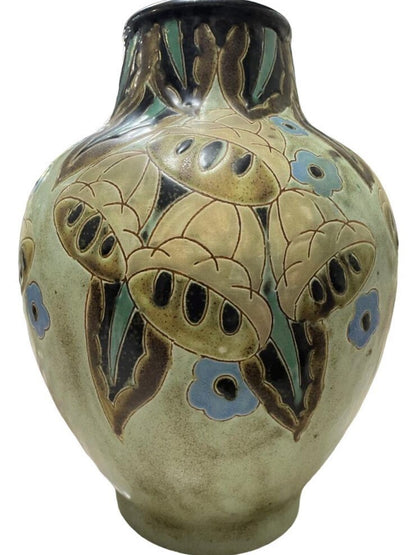 Charles Catteau for BOCH FRERES Art Deco Grès Keramis vase with stylized bellflowers, Belgium, early 20th