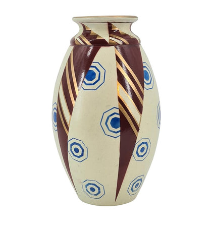 Large Saint Ghislain  Art  Deco faience  geometric Vase.