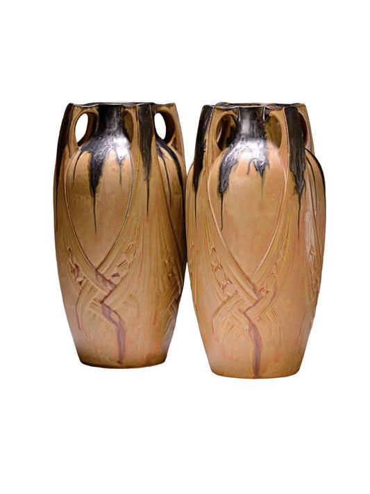 Pair of Large Denbac French Art Nouveau Grès Flame Pottery Vase